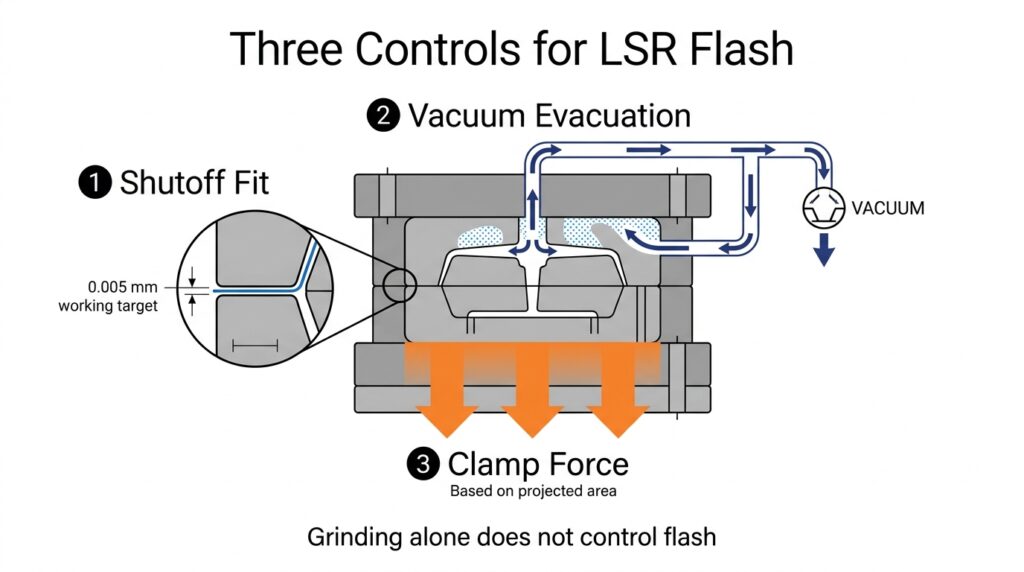 Três controles para flash LSR, incluindo fechamento por ajuste a vácuo e força de fixação.