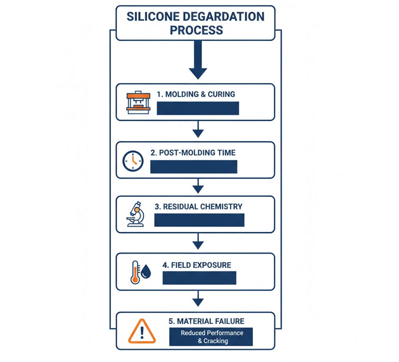 Diagramme du processus de dégradation du silicone en cinq étapes