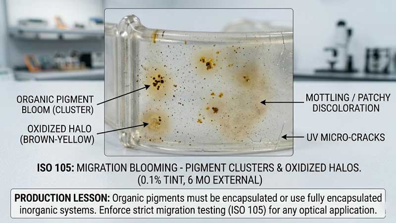 Eflorescência por migração de pigmento em silicone transparente colorido.