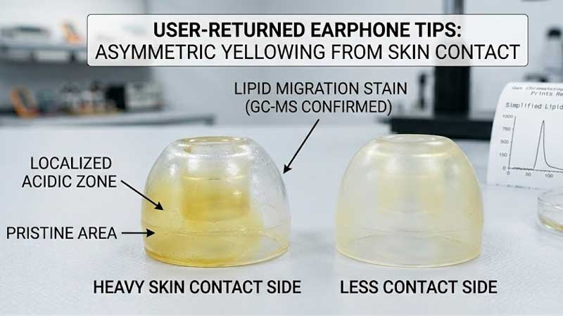 Pontas de silicone transparente amareladas dos fones de ouvido devido ao contato com a pele