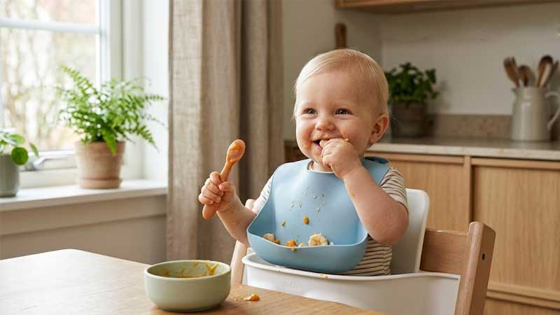 赤ちゃんが、柔らかいシリコン製のよだれかけをつけたモダンなハイチェアに座っている。