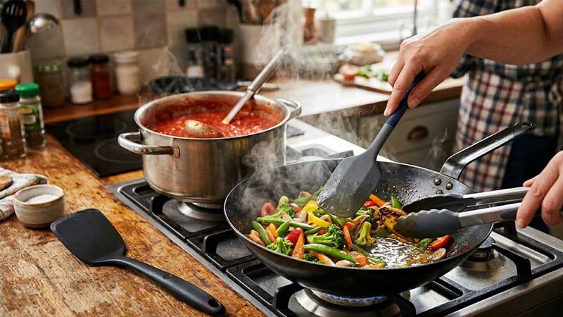 Một chiếc thìa silicon đang khuấy thức ăn trong chảo nóng, hơi nước bốc lên rõ rệt.