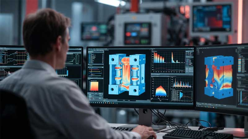 На видео показана рабочая зона, где инженер анализирует результаты моделирования потока силиконовой эмульсии на экране компьютера.