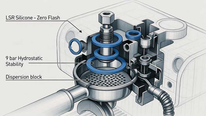 Detaljert utsnittsdiagram av en espressogruppehodeenhet som viser silikon-O-ringer