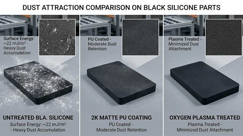 Sammenligning av støvattraksjon på svarte silikondeler