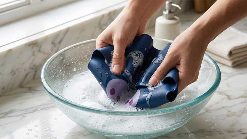 सिलिकॉन बिब को कांच के कटोरे में हाथ से धोना