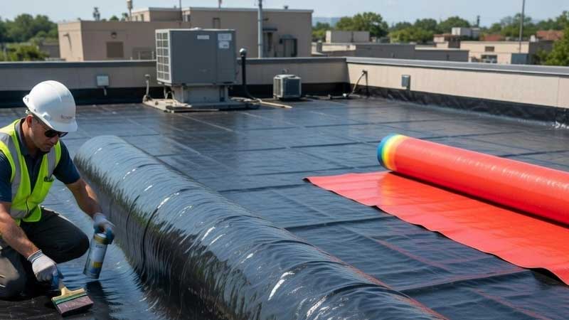 Gulungan besar bahan atap EPDM sedang dipasang di atap datar bangunan komersial, pekerja sedang mengaplikasikan perekat.