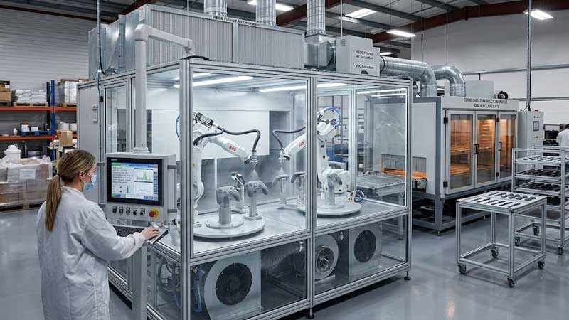 PU-beleggsprøytelinje i et kontrollert silikonbehandlingsverksted