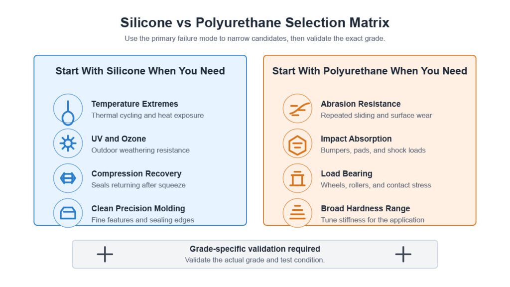 Matriz de seleção de materiais: silicone versus poliuretano
