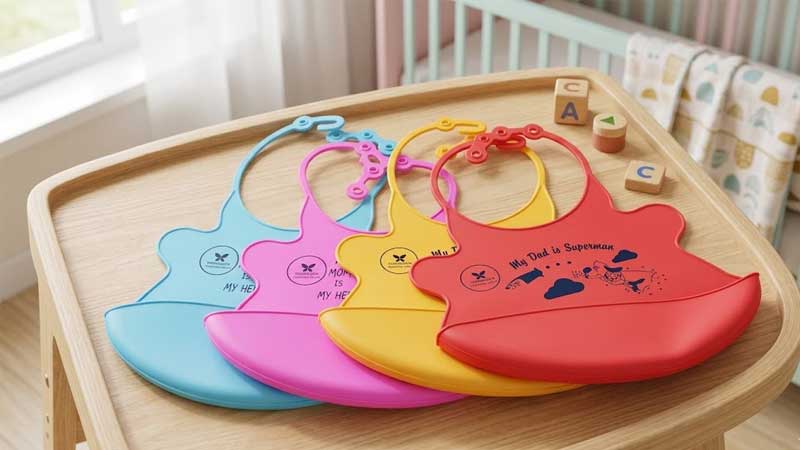 लकड़ी की हाई चेयर ट्रे पर रखे चार रंगीन, व्यक्तिगत रूप से डिज़ाइन किए गए सिलिकॉन बेबी बिब्स का ढेर