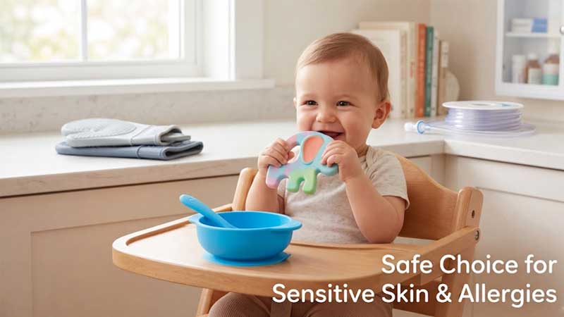 bébé utilisant un anneau de dentition en silicone et un bol