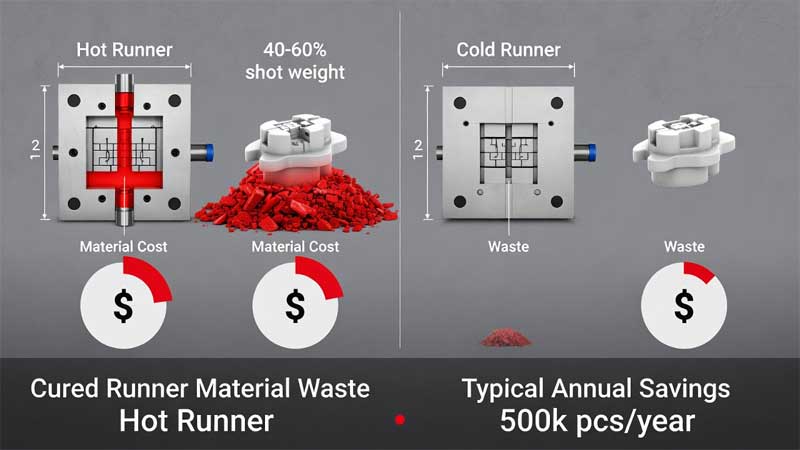 Comparaison des déchets de matériau pour les canaux froids et chauds en silicone