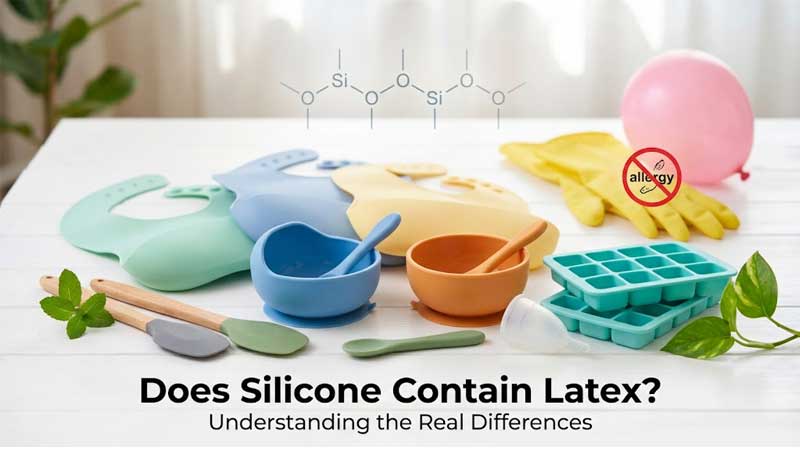 Parlak beyaz ahşap bir masa üzerinde düzenli bir şekilde dizilmiş silikon bebek ve mutfak ürünleri.