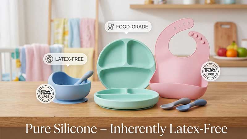 Ensemble d'alimentation pour bébé en silicone comprenant bols, cuillères et bavoir, certifié sans latex et de qualité alimentaire.