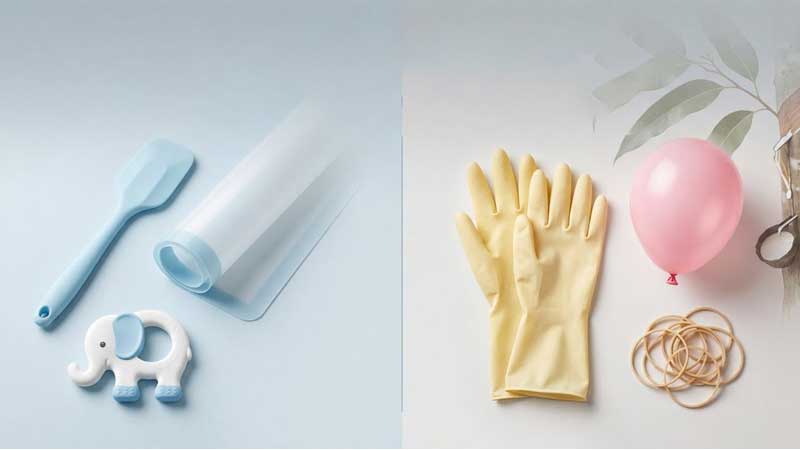 spatule en silicone, tapis de cuisson, anneau de dentition pour bébé, gants chirurgicaux en latex, ballon rose et élastiques