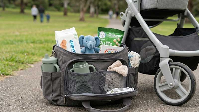 'n Luiersak of stootwaentjie-opstelling met 'n silikoonbeker wat binne of in 'n sysak geplaas word