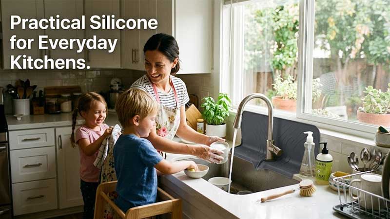 Una escena de una cocina familiar. Se ha instalado un protector antisalpicaduras de silicona.