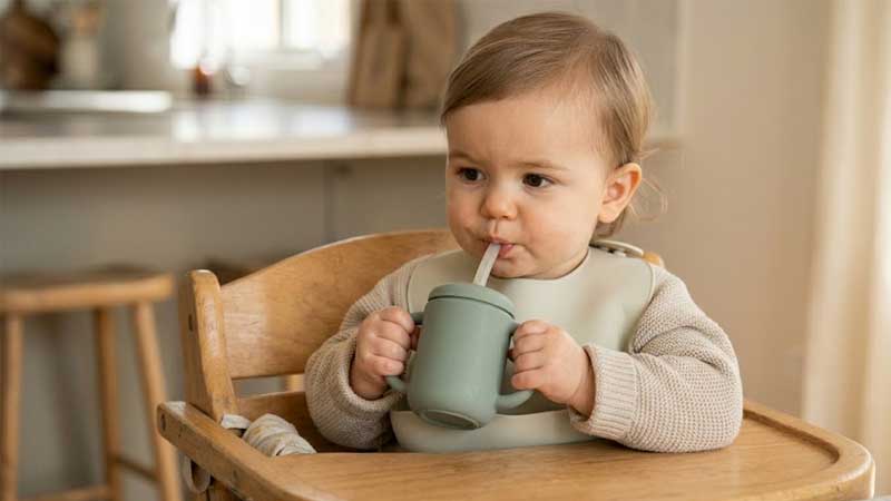 'n Kleuter drink vol selfvertroue uit 'n silikoon strooitjiebeker