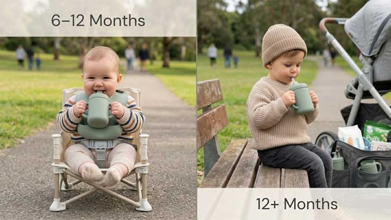 Een jonger baba wat 'n tuitbeker gebruik en een ouer kleuter wat 'n strooitjiebeker gebruik