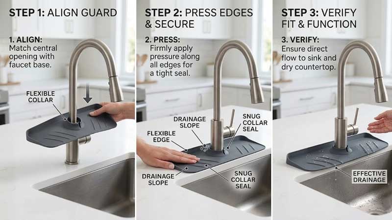 איור שלב אחר שלב של הנחת מגן סיליקון סביב ברז המטבח