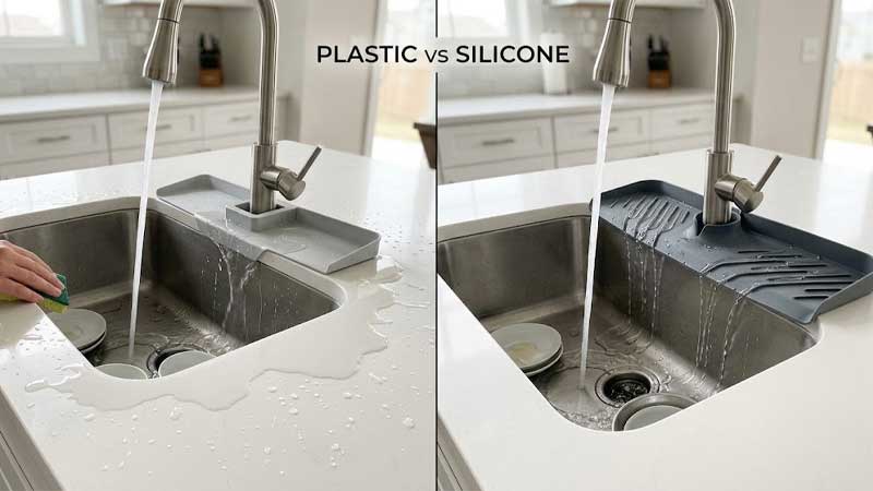 בצד שמאל יש מגן התזות פלסטיק עם נזילת מים על השיש. בצד ימין יש מגן סיליקון עם מכסה מים.