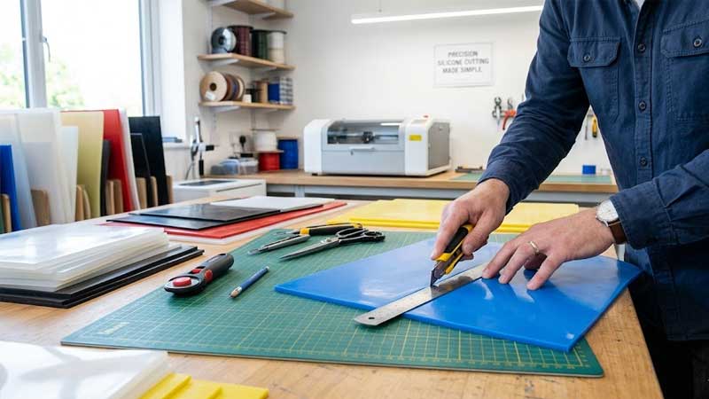 Les mains d'un technicien tiennent une règle et un cutter, guidant avec précaution une lame de caoutchouc silicone à coupe droite.
