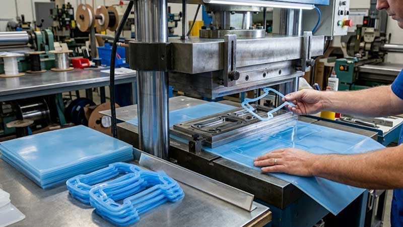 مكبس القطع بالقالب قيد التشغيل مع محاذاة صفائح السيليكون وإخراج جزء نهائي جزئيًا