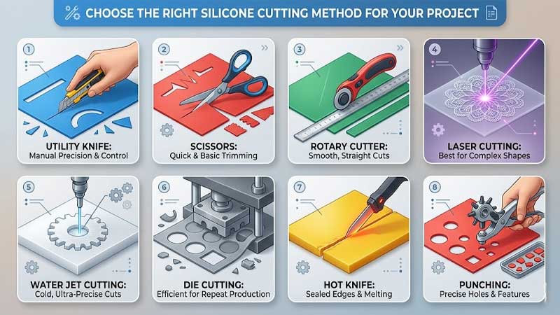 Huit méthodes essentielles de découpe du silicone : couteau utilitaire, ciseaux, cutter rotatif, découpe laser, découpe au jet d’eau, découpe à l’emporte-pièce, couteau chauffant et poinçonnage