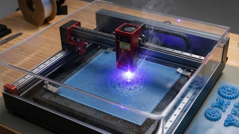 Machine de découpe laser en action, découpant une forme détaillée en silicone