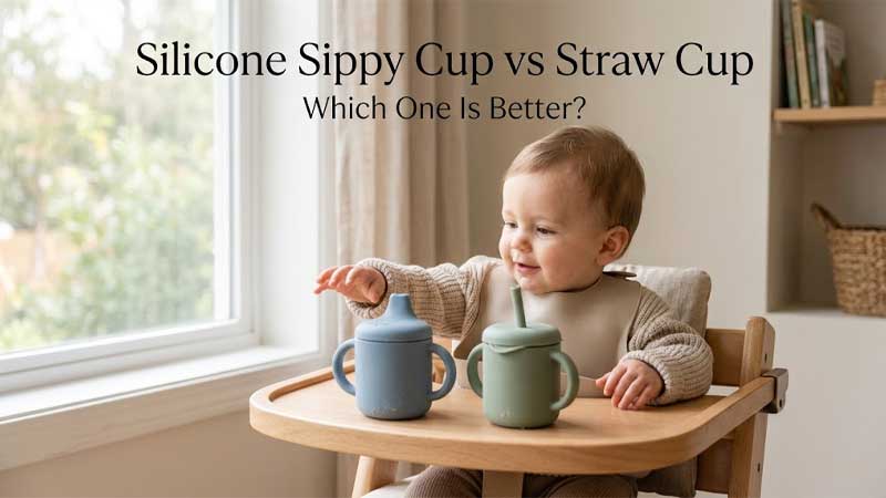 ένα σιλικονούχο ποτήρι με μαλακό στόμιο και ένα σιλικονούχο καλαμάκι με ορατό καλαμάκι