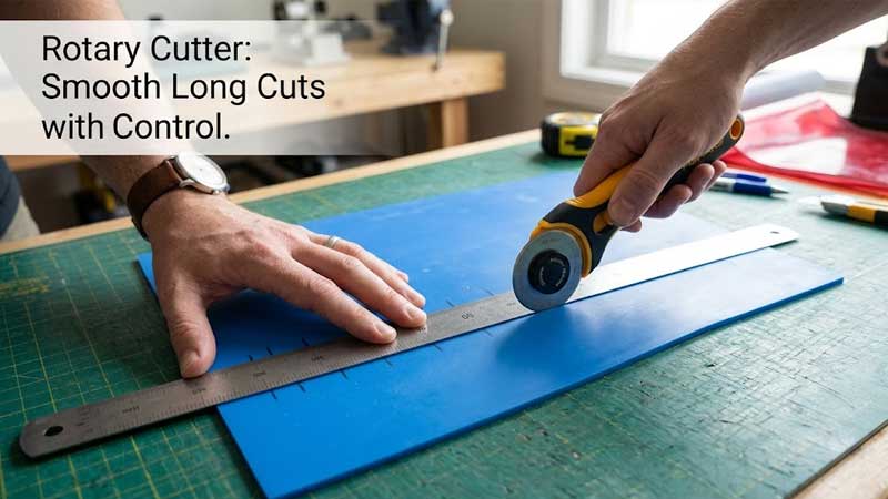 Un cutter rotatif est guidé le long d'une règle droite sur une feuille de silicone d'épaisseur moyenne.