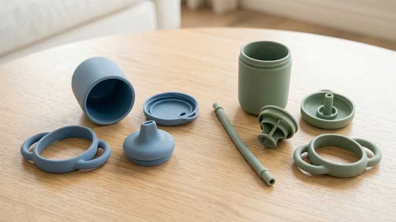 silikoon tuitbeker en 'n silikoon strooibeker uitmekaar gehaal in hul hoofdele