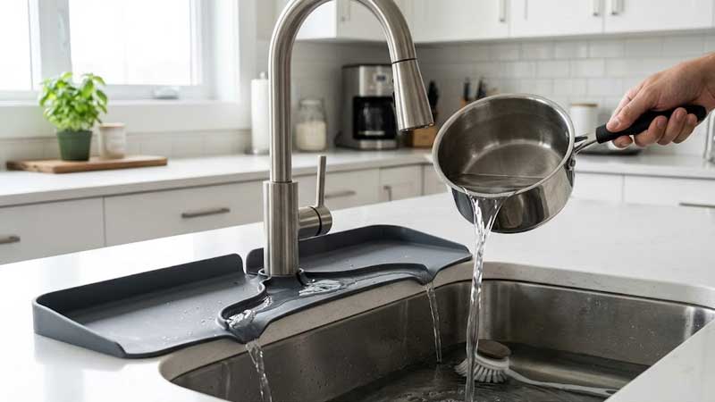 מגן סיליקון להתזות מותקן סביב הברז