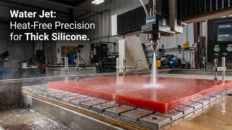 une feuille de silicone épaisse est découpée à l'aide d'un système de jet d'eau
