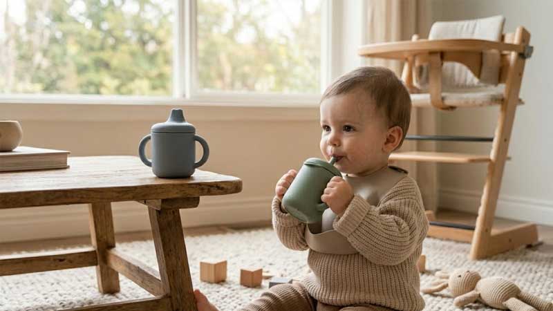 kleuter wat 'n silikoon strooitjiebeker vashou en daaruit drink