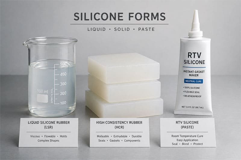 Diferentes formas de silicona, incluyendo líquida, sólida y RTV.