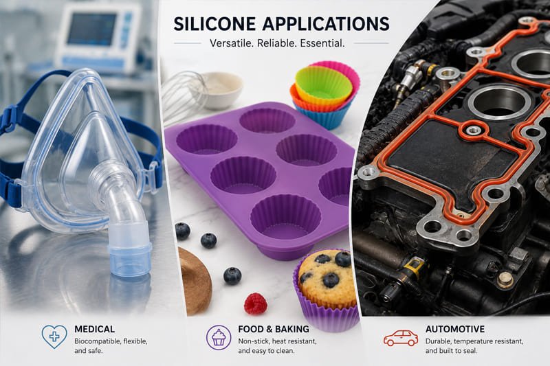 Diversas aplicaciones de la silicona en las industrias médica, culinaria y automotriz.