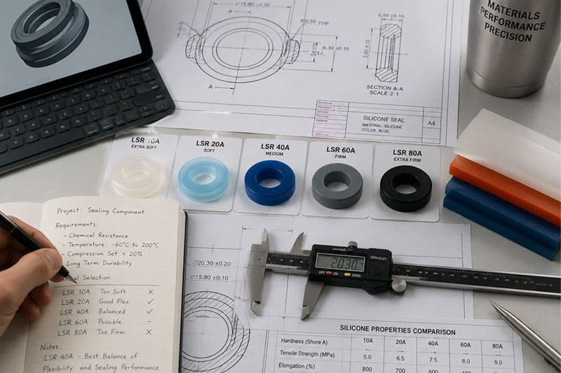 Escritorio de ingeniero con planos y varias muestras de material de silicona.