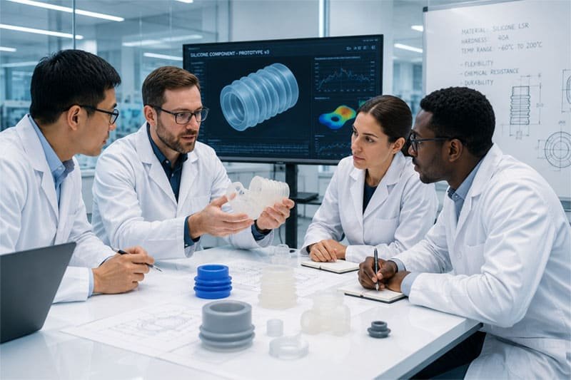 Equipo de ingeniería colaborando en el diseño de prototipos de componentes de silicona personalizados.