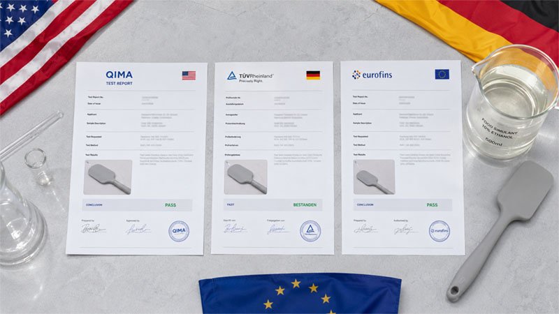 실리콘 샘플 옆에 FDA LFGB EU 규정 준수 문서가 있습니다.