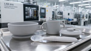Voedselveilige siliconen onderdelen op een productielijn in de fabriek.