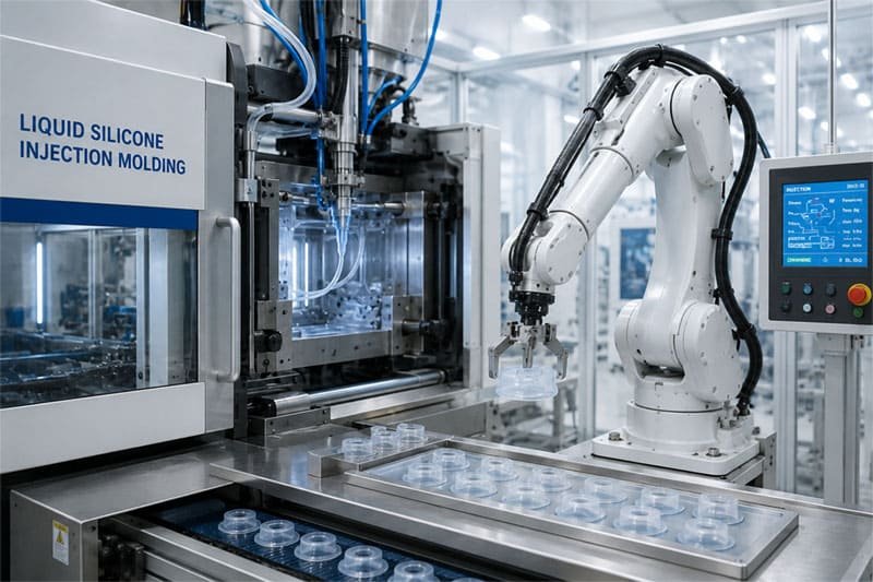 Máquina moderna de moldeo por inyección de silicona líquida en un entorno de fábrica.
