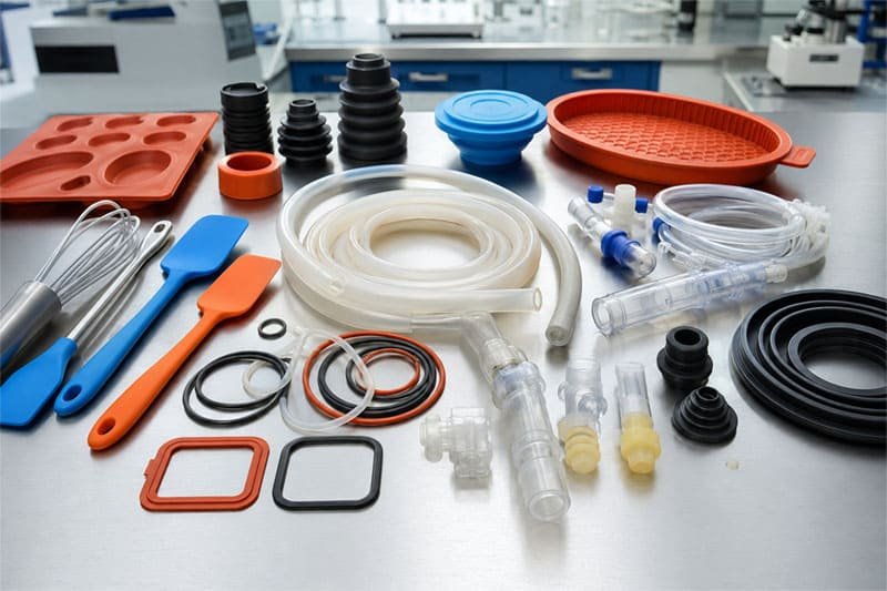 Diversos productos y componentes de silicona para uso industrial y de consumo.