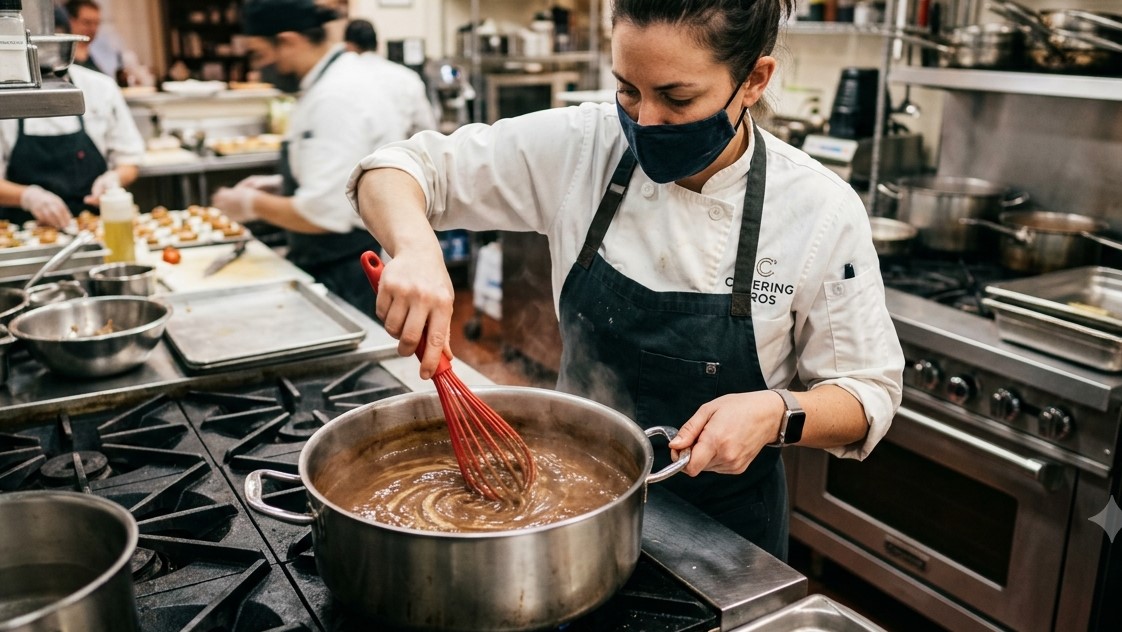 Um chef está usando um batedor de silicone para misturar o molho em serviços de catering e restaurantes.