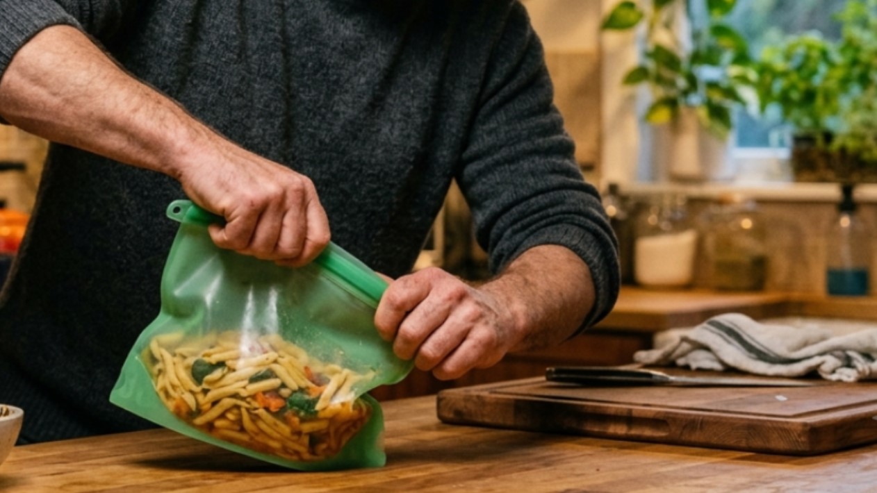Un hombre tira de una bolsa de silicona para alimentos con pasta para probar su resistencia e integridad estructural.