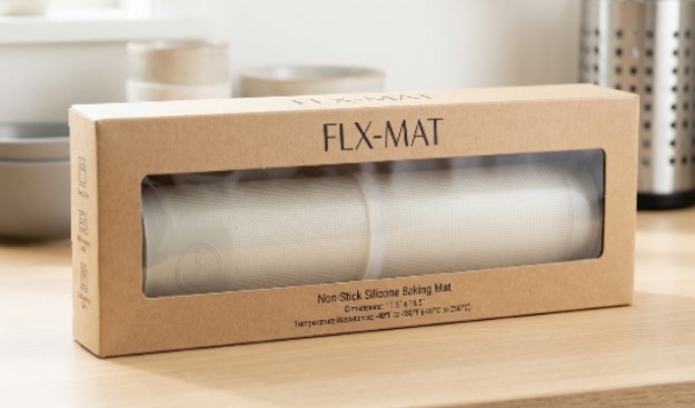 Een opgerolde witte siliconen bakmat wordt verpakt in een vensterdoos voor webwinkels.