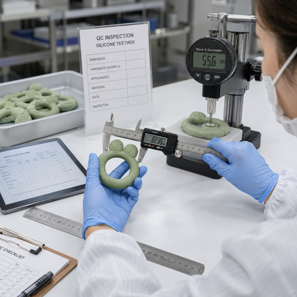 Een tester van het kwaliteitscontroleteam test met behulp van meetinstrumenten de afmetingen en hardheid van siliconen babybijtringen die geschikt zijn voor contact met voedsel.
