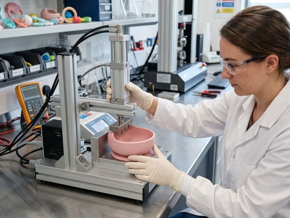 Un testeur de l'équipe de contrôle qualité de RY Silicone teste la résistance à la succion d'un bol pour bébé en silicone