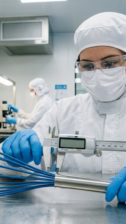 Um testador está medindo um batedor de silicone com uma escala vernier.