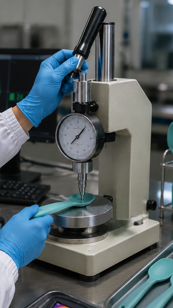 Um testador está avaliando a dureza e a resistência de uma colher de silicone.